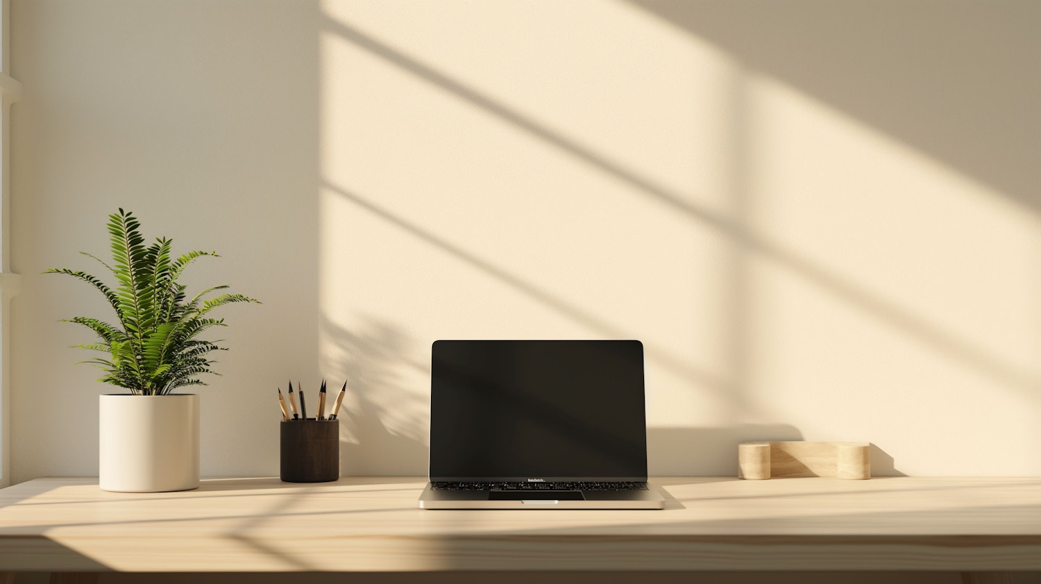 A tidy desk with a laptop, a plant and a cup of pencils in daylight