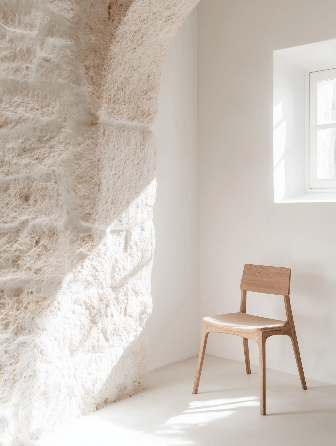 A single wooden chair beside a stone wall in morning light