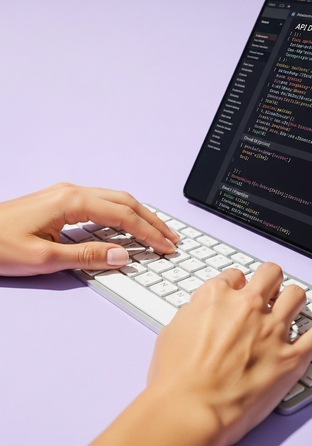 Hands typing on a keyboard beside a laptop showing code