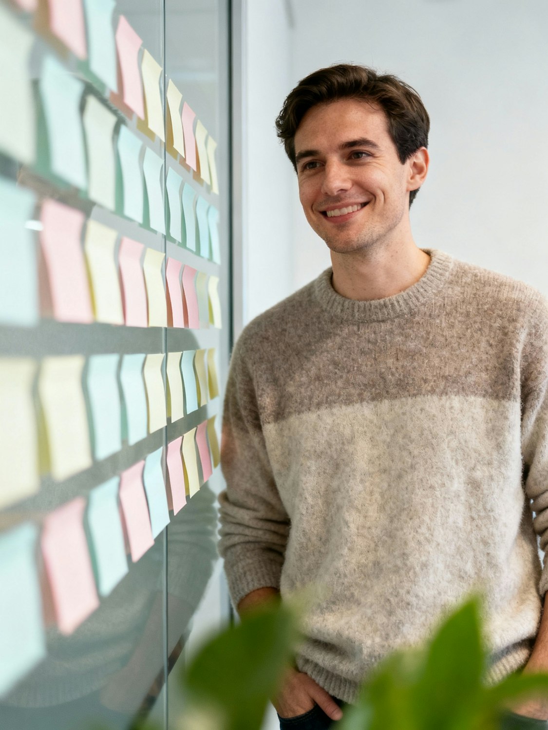 A person looking at colourful notes arranged on a glass wall